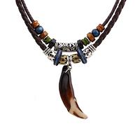 Retro Dog Tooth Pendant Necklace Adjustable Brown Leather Cord Necklace for Mens Womens Double Layers Choker Wood Beads Necklace Women Men