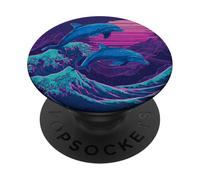 Retro Dolphins Jumping Synthwave Sea Sunset Art PopSockets Adhesive PopGrip