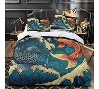 Retro Double Duvet Cover Set, Koi Bedding Sets with Zipper Closure, Soft Cozy Microfiber Duvet Cover and 2 Pillow Cases 50 x 75 cm A1066