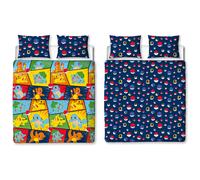 Pokemon Official Double Duvet Cover Set, Retro Design | Blue Reversible Pikachu Squirtle Charmander 2 Sided Bedding Cover Official Merchandise Including Matching Pillow Cases