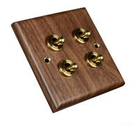 Retro Double for Toggle Light Switch with Solid Walnut Wood Plate and Brass Lever 1/2 Way Wall Mount Decorative Electrical Switch for Home Lighting and Ceiling Fan Control(4 Gang)