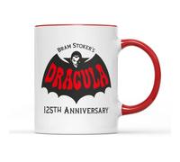 Retro Dracula Logo Mug Tea Coffee Cup - Bram Stoker 125th Anniversary Gothic Horror Novel Fiction Goth Vampire Transylvania Whitby Gift Present (Red Handle)