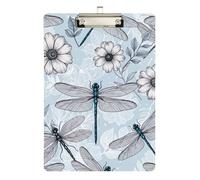 Retro Dragonfly Flower Blue Clipboard Acrylic Writing Board Hanging Clipboards A4 Standard Size with Low Profile Metal Clip for Nurses Teachers Coaches