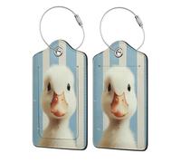 Retro Duck Blue and White Striped Luggage Tag for Suitcase 2 Pack Leather Luggage Tag with Privacy Flap Name Id Label and Metal Loop for Women Men Travel