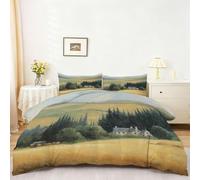 Retro Duvet Cover Set Double Size, Nature Country Wheat Field Breathable Brushed Microfiber Quilt Cover 200 x 200 cm, Yellow-Green Reversible Bedding Set 3pcs with 2 pillowcases, Easy Care