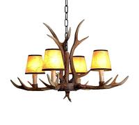 Retro E14 Antler Pendant Chandelier - Vintage Resin Deer Horn Light Fixture with Adjustable Fabric Lampshade for Dining Room Hallway Bedroom Decor - 220V 4-Light Design