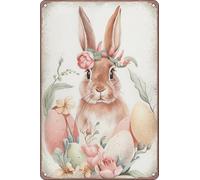 Retro Easter Bunny Wreath Metal Tin Signs Vintage Wall Art Decor for Home Spring Floral Nursery Decor, Man Cave Decorative 8x12 Inch