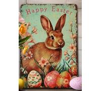 Retro Easter Decor - Vintage Mid Century Style Easter Bunny Metal Sign Mantle Decoration - Indoor Outdoor Door Porch - Happy Easter Rabbit Tin Sign 8x12 in