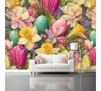 Retro Easter Painted Eggs Wallpaper for Living Room, Classical Floral Wall Murals for Bedroom, 350 x 256cm Non-Woven Wall Art, Photo Wallpaper 3D Effect Wallpapers for Wall Decor