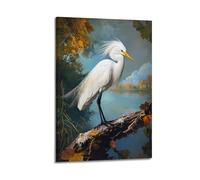 Retro Egret Canvas Wall Art, Vintage Tropical Bird Avian Painting Hanging Paintings Poster, Rustic Nature Themed Wall Decor for Home Office Interior Space 16x24inch(40x60cm)
