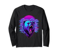 Retro Electric Blue Bear Head Vaporwave Wild Animal Art Long Sleeve T-Shirt