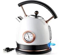 Retro Electric Kettle 1.8L, Stainless Steel Portable Electric Kettle, Cordless with LED Light, with Temperature Gauge, Auto Shut-Off&Boil-Dry Protection (Color : White, Size : 1.8 L)
