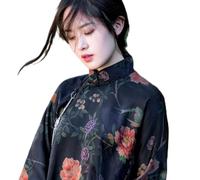 Retro Elegant Chinese Style Black Cheongsam Women Clothing Satin Floral Print Loose Party Long Cheongsam Improved Qipao Dress (Color : Black, Size : XXXL)