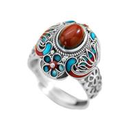 Retro Enamel Lotus Flower Ring with Red Gemstone Open Adjustable National Style Floral Yoga Stacking Finger Statement Rings Fashion Comfort Fit Wedding Band Mother Inspirational Jewelry for Women