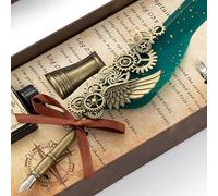 Retro European Style Quill Pen with Wax Sealing Stamp Kit, Stainless Steel Nib Calligraphy Pen and Ink Set for Artistic Writing (Dark Blue) (Blackish Green)