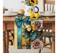 Retro Farm Sunflowers Butterfly Table Runner 36 Inches Long,Table Runners Kitchen Dining Tables Decoration for Home Party Decor, Blue Yellow Striped Tables Runner Wedding Dresser Scarf
