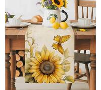 Retro Farm Sunflowers Table Runner 70 Inches Long,Table Runners Kitchen Dining Tables Decoration for Home Party Decor, Butterfly on Linen Tables Runner Wedding Dresser Scarf