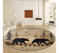 Retro Farmhouse Style Round Rug 200 cm for Living Room, Washable Circle Entrance Rug Non Slip Round Doormat Indoor Forest Wood Grain Bear Silhouette Printed Carpet Bedroom Study Home Office Decor