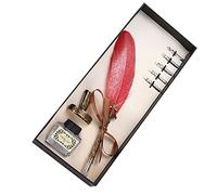 Retro Feather Pen Set Exquisite Stainless Steel Writing Suit for Signature Decoration, for Couples Teachers, Gothic Italian Calligraphy Practice (Red)