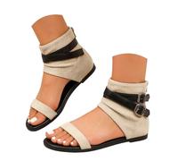 Retro Flock Ankle Cuff Sandals for Women Dual Adjustable Buckle Straps Hidden Wedge Gladiator Open Toe Booties Soft Faux Suede Slip Resistant Flat Sole Summer Footwear Versatile Casual Boot Sandals