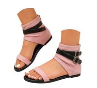 Retro Flock Ankle Cuff Sandals for Women Dual Adjustable Buckle Straps Hidden Wedge Gladiator Open Toe Booties Soft Faux Suede Slip Resistant Flat Sole Summer Footwear Versatile Casual Boot Sandals