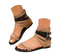 Retro Flock Ankle Cuff Sandals for Women Dual Adjustable Buckle Straps Hidden Wedge Gladiator Open Toe Booties Soft Faux Suede Slip Resistant Flat Sole Summer Footwear Versatile Casual Boot Sandals