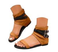 Retro Flock Ankle Cuff Sandals for Women Dual Adjustable Buckle Straps Hidden Wedge Gladiator Open Toe Booties Soft Faux Suede Slip Resistant Flat Sole Summer Footwear Versatile Casual Boot Sandals