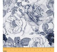Retro Flora Fabric by The Yard, Rose Upholstery Fabric, Garden Spring Leaves Flowers Decorative Fabric, Romantic Indoor Outdoor Fabric, Craft Artwork, Blue Grey White, 1 Yard