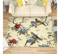 Retro Floral And Bird Pattern Soft Short Pile Rugs for Bedroom Living Room Light Yellow Thin Stain Resistant Anti-Slip Floor Carpet for Office Dining Room - Easy Clean Washable 140x200 cm