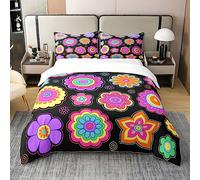 Retro Floral Boho Bedding 100% Cotton Vintage Groovy Flower Hippie Flowers Bohemian 100% Cotton Duvet Cover Adults Psychedelic Floral Duvet Set Ultra Soft Room Decor Single Size Zipper Quilt Cover