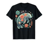 Retro Floral Boho Manatee Summer Coastal Ocean Lover T-Shirt