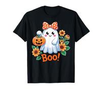 Retro Floral Boo Ghost Pumpkin Bow Halloween Women Girls T-Shirt