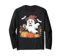 Retro Floral Ghost Cute Pumpkin Ghost Hat Drink Ice Coffee Long Sleeve T-Shirt
