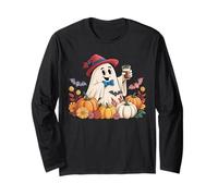 Retro Floral Ghost Cute Pumpkin Ghost Hat Drink Ice Coffee Long Sleeve T-Shirt