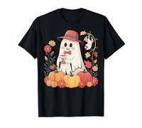 Retro Floral Ghost Cute Pumpkin Ghost Hat Drink Ice Coffee T-Shirt