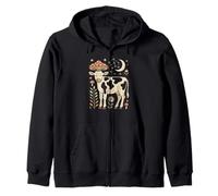 Retro floral heifer resting among magical wild mushrooms Zip Hoodie