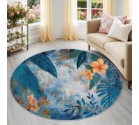 Retro Floral Leaf Round Rug 100 cm for Under Table, Farmhouse Shabby Chic Washable Non-Slip Circle Carpet, Low-Pile Rug Floor Mat for Dining Room & Living Room, Multicolor