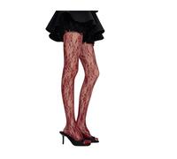 Retro Floral Net Stockings Sexy Lace Fishnet Women’s Ultra-thin Hollow Out Vine Flower Pattern Pantyhose Sheer Tights Elastic Wine Red One Size
