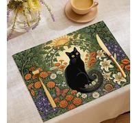 Retro floral plants Placemats Washable Set of 2,30 x 45cm /3D Printed Pattern Table Placemats,Cotton Linen Hemstitch Place Mats for Table,Kitchen,Dinning,Black Cat Flower Vines,Dark green