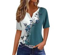 Retro Floral Print Summer Tops for Women UK 2024 Casual Short Sleeve Shirts Dressy Sexy Buttons V Neck Henley Tops Trendy Vintage Graphic Tees for Women Ladies Tunic Blouses Workout Vacation Tshrits