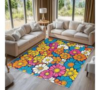 Retro Floral Rugs for Living Room Bedroom, Colorful Flowers 60s 70s Area Rugs Large 200x300 cm, Washable Non Slip Pattern Carpet Home Decor C22