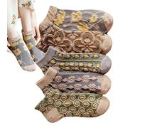 Retro Floral Socks - 5 Pairs Women Cotton Floral Socks | Combed Cotton Crew Socks, Cute Fall Decorative Flower Socks for