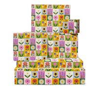 Retro Floral Wrapping Paper - 6 Sheets Gift Wrap for Women - Birthday Wedding Christmas Spring Theme - Colourful Chequered Flowers in Grid Pattern - Recyclable - Comes with Tags by Central 23