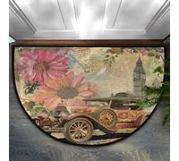Retro Flower Car Britain Half Round Doormat 36x24 In, Soft Absorbent Entrance Rug with Non-Slip Backing, Indoor Welcome Mat for Entryway Bedroom Kitchen Office