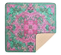 Retro Flower Pattern Pink and Green Large Stylish Baby Play Mat for Floor Portable Tummy Time & Crawling Mat for Baby Kids Toddlers Infants, 50'' x 50''
