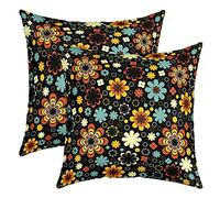 Retro Flower Pillow Covers 16x16 Inch Set of 2, Funky 1960S 1970S Swirls Floral Throw Pillow Covers for Couch, Colorful Groovy Flowers Cushion Covers, Cute Vintage Black Decorative Pillow Covers