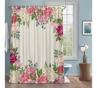 Retro Flower Shower Curtain with 12 Hooks Oriental Pink White Peony Leaf Traditional Linen Waterproof Fabric Shower Curtains Sets for Bathroom Bath Decorations, Machine Washable, 72"x72"