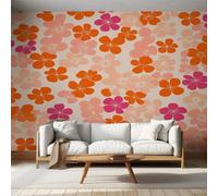 Retro Flower Wallpaper Orange, Floral 60s 70s Hippie Wall Paper for Bedrooms, Home Decor Photo Wallpaper for Living Room 250x175 Non-Woven Wall Mural W&15