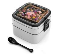 Retro Flowers Bento Box 1000ml Leak Proof Lunch Container with Removable Dividers & Spoon - BPA-Free PP Stackable Lunch Box for Work, Office, Picnic, Travel, Dining Out