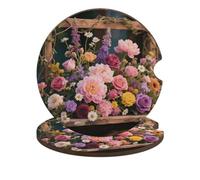 Retro Flowers Car Cup Holder Coasters 2-Pack Absorbent Wood & Cork Coasters for Car Cup Holders, Festive Car Accessories for Women & Men